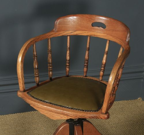 fig 2. Antique English Victorian Solid Ash & Oak Green Leather Revolving Office Desk Arm Chair (Circa 1895)