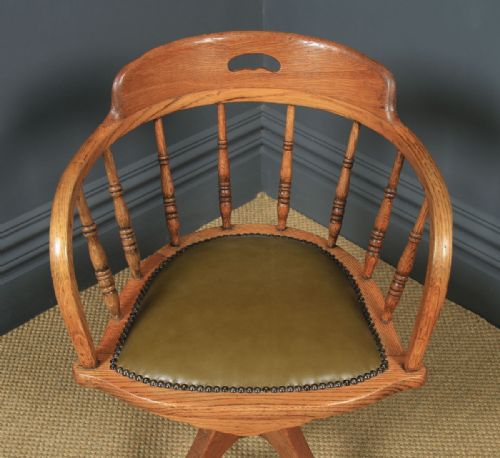 fig 3. Antique English Victorian Solid Ash & Oak Green Leather Revolving Office Desk Arm Chair (Circa 1895)