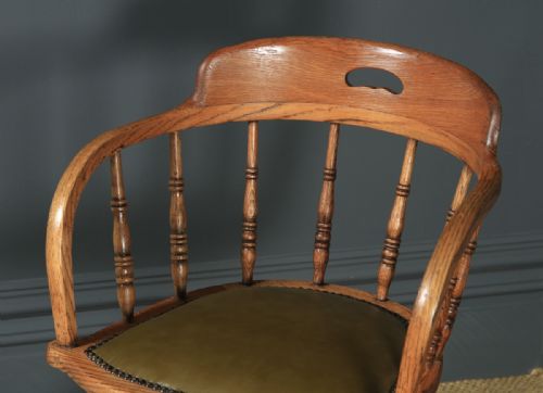 fig 4. Antique English Victorian Solid Ash & Oak Green Leather Revolving Office Desk Arm Chair (Circa 1895)