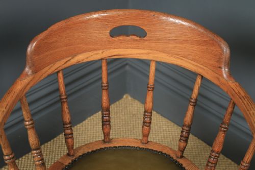 fig 6. Antique English Victorian Solid Ash & Oak Green Leather Revolving Office Desk Arm Chair (Circa 1895)