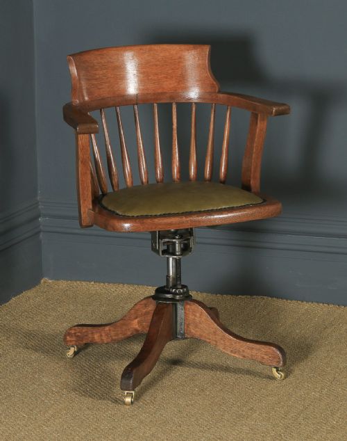 Antique American Edwardian Oak & Green Leather Revolving Office Desk Arm Chair (Circa 1910)
