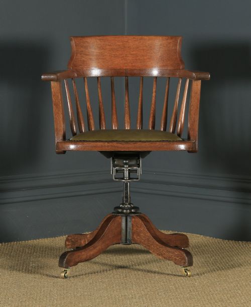 fig 1. Antique American Edwardian Oak & Green Leather Revolving Office Desk Arm Chair (Circa 1910)