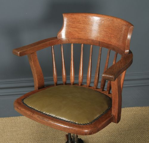 fig 2. Antique American Edwardian Oak & Green Leather Revolving Office Desk Arm Chair (Circa 1910)