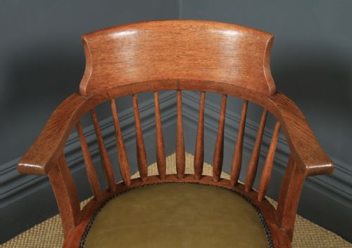 fig 5. Antique American Edwardian Oak & Green Leather Revolving Office Desk Arm Chair (Circa 1910)