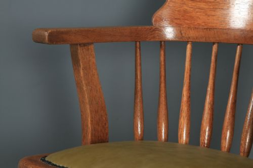 fig 6. Antique American Edwardian Oak & Green Leather Revolving Office Desk Arm Chair (Circa 1910)