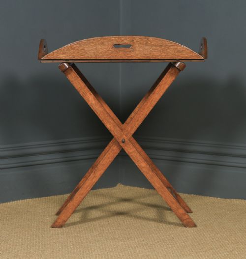 fig 1. Antique English Victorian 19th Century Oak Butlers Drinks Tray Table & Stand (Circa 1890)