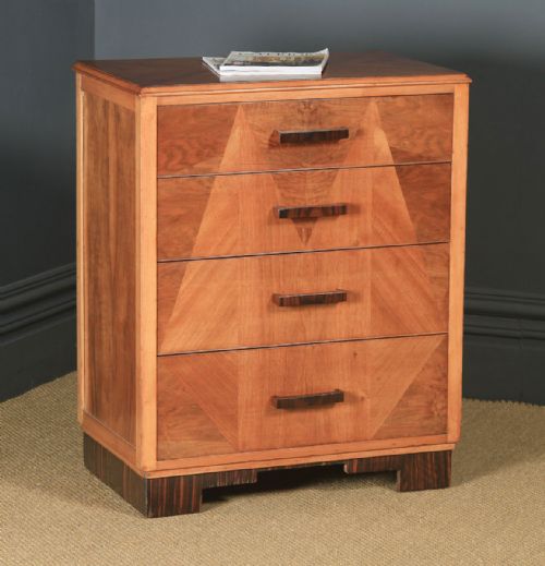 Antique English Art Deco Ruhlmann Style Figured Walnut & Macassar Ebony Bedroom Chest of Drawers / Bedside / Nightstand (Circa 1940)