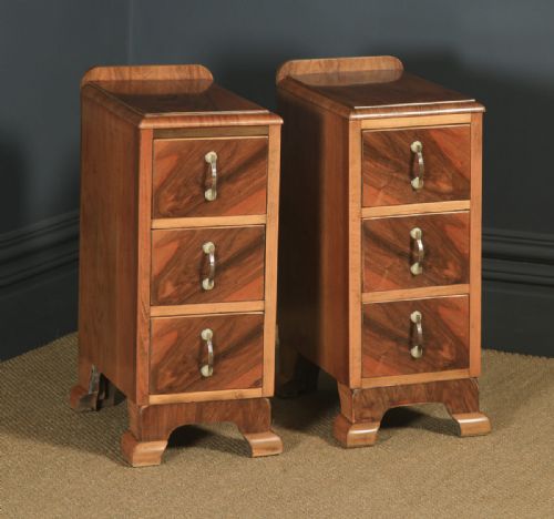 fig 1. Antique English Pair of Art Deco Figured Walnut Bedside Chests Tables Nightstands (Circa 1930)
