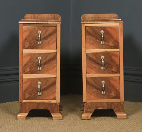 fig 2. Antique English Pair of Art Deco Figured Walnut Bedside Chests Tables Nightstands (Circa 1930)