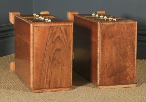 fig 3. Antique English Pair of Art Deco Figured Walnut Bedside Chests Tables Nightstands (Circa 1930)