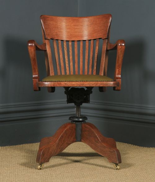 fig 1. Antique English Edwardian Solid Oak & Green Leather Revolving Office Desk Arm Chair By William Angus & Co. (Circa 1910)