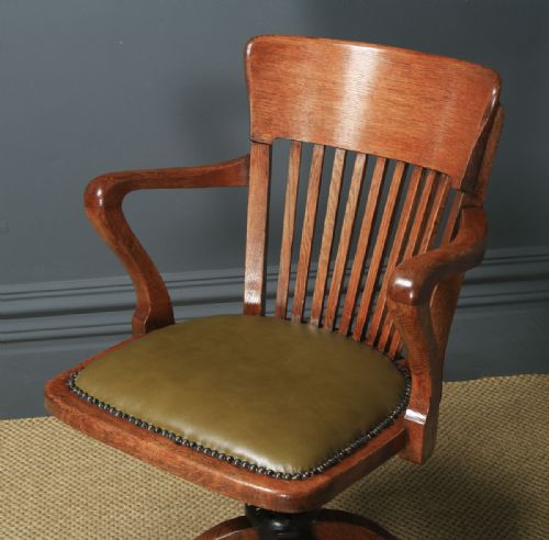 fig 2. Antique English Edwardian Solid Oak & Green Leather Revolving Office Desk Arm Chair By William Angus & Co. (Circa 1910)