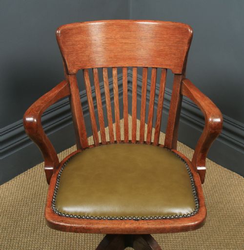 fig 3. Antique English Edwardian Solid Oak & Green Leather Revolving Office Desk Arm Chair By William Angus & Co. (Circa 1910)