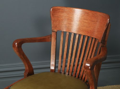 fig 4. Antique English Edwardian Solid Oak & Green Leather Revolving Office Desk Arm Chair By William Angus & Co. (Circa 1910)