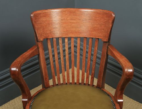 fig 5. Antique English Edwardian Solid Oak & Green Leather Revolving Office Desk Arm Chair By William Angus & Co. (Circa 1910)