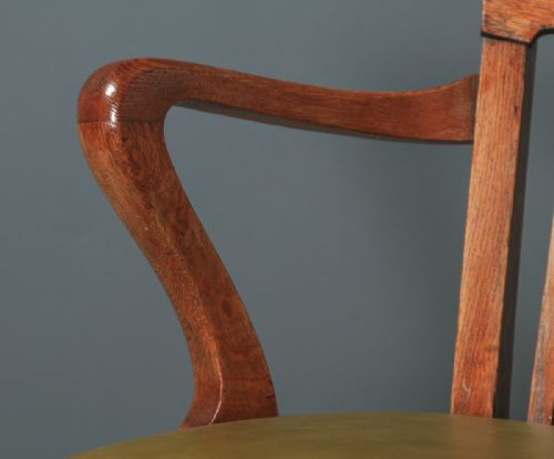 fig 6. Antique English Edwardian Solid Oak & Green Leather Revolving Office Desk Arm Chair By William Angus & Co. (Circa 1910)