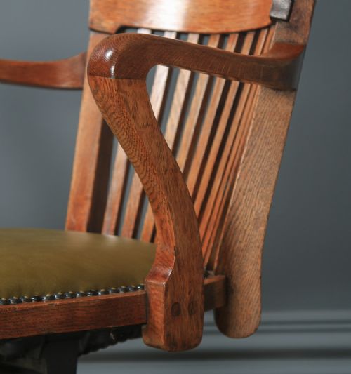 fig 7. Antique English Edwardian Solid Oak & Green Leather Revolving Office Desk Arm Chair By William Angus & Co. (Circa 1910)