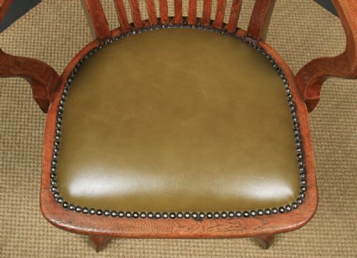 fig 8. Antique English Edwardian Solid Oak & Green Leather Revolving Office Desk Arm Chair By William Angus & Co. (Circa 1910)
