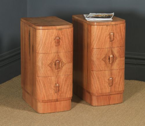 Antique English Pair of Art Deco Figured Walnut Bow Front Bedside Chests Tables Nightstands (Circa 1930)
