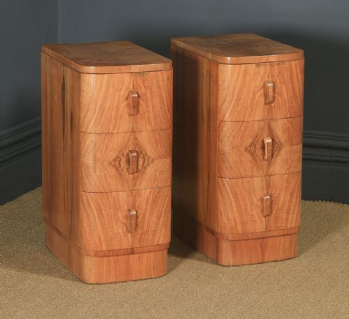fig 1. Antique English Pair of Art Deco Figured Walnut Bow Front Bedside Chests Tables Nightstands (Circa 1930)