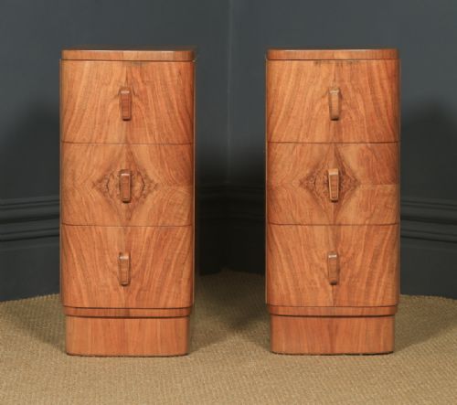 fig 2. Antique English Pair of Art Deco Figured Walnut Bow Front Bedside Chests Tables Nightstands (Circa 1930)