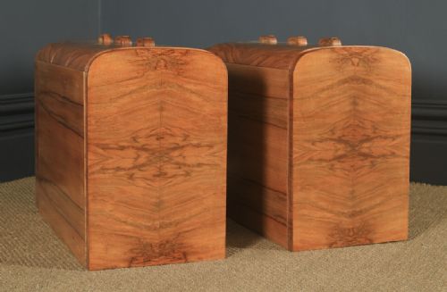 fig 3. Antique English Pair of Art Deco Figured Walnut Bow Front Bedside Chests Tables Nightstands (Circa 1930)