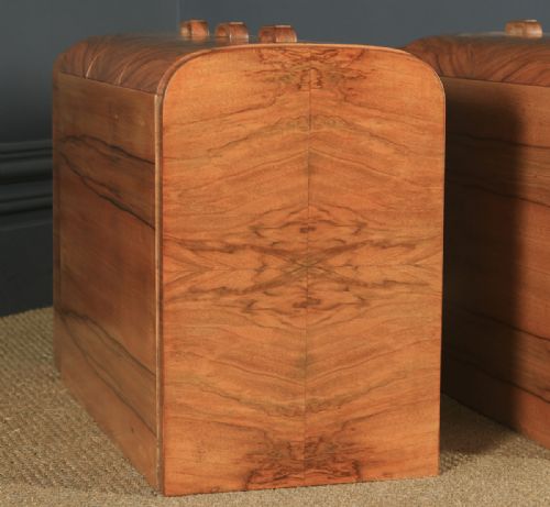 fig 4. Antique English Pair of Art Deco Figured Walnut Bow Front Bedside Chests Tables Nightstands (Circa 1930)
