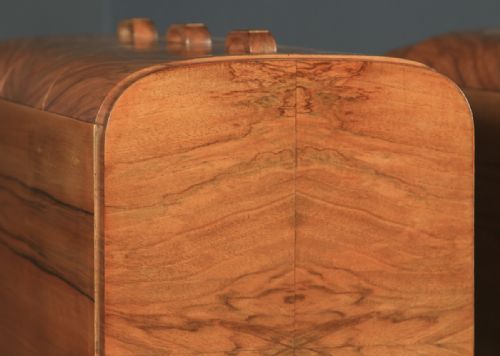 fig 5. Antique English Pair of Art Deco Figured Walnut Bow Front Bedside Chests Tables Nightstands (Circa 1930)