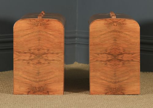 fig 6. Antique English Pair of Art Deco Figured Walnut Bow Front Bedside Chests Tables Nightstands (Circa 1930)