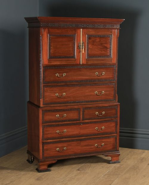 Antique English Georgian Chippendale Style Mahogany Chest on Chest with Linen Cupboard (Circa 1910)