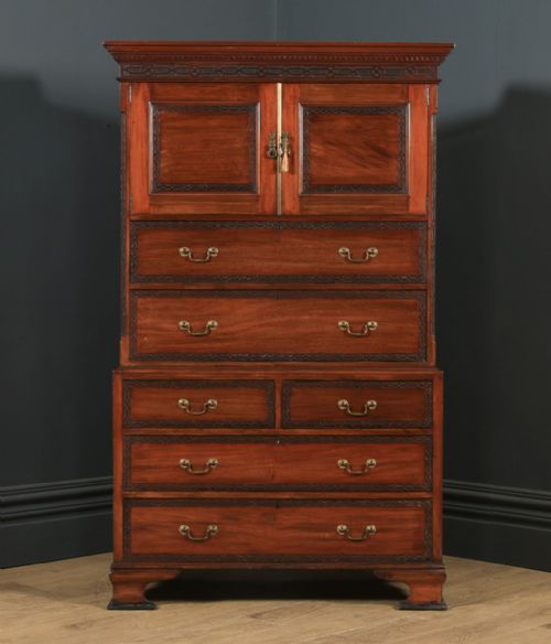 fig 1. Antique English Georgian Chippendale Style Mahogany Chest on Chest With Linen Cupboard (Circa 1910)