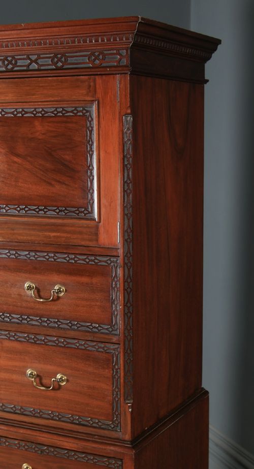 fig 4. Antique English Georgian Chippendale Style Mahogany Chest on Chest With Linen Cupboard (Circa 1910)