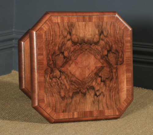 fig 3. Art Deco English Burr Walnut Square Centre Occasional Coffee Side Lamp Pedestal Table (Circa 1930)