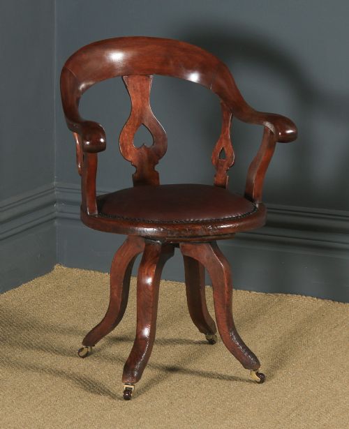 Antique English Victorian Mahogany & Burgundy Red Leather Revolving Office Desk Arm Chair (Circa 1870)