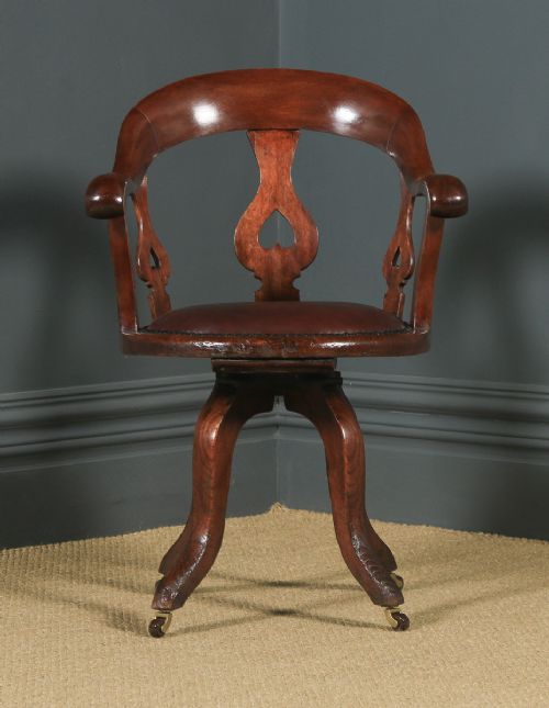 fig 1. Antique English Victorian Mahogany & Burgundy Red Leather Revolving Office Desk Arm Chair (Circa 1870)