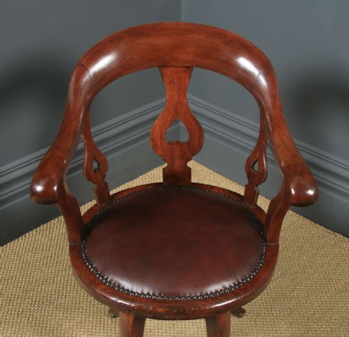 fig 3. Antique English Victorian Mahogany & Burgundy Red Leather Revolving Office Desk Arm Chair (Circa 1870)