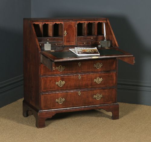 Antique English 18th Century Georgian Figured Walnut Inlaid Bureau Writing Desk (Circa 1750)
