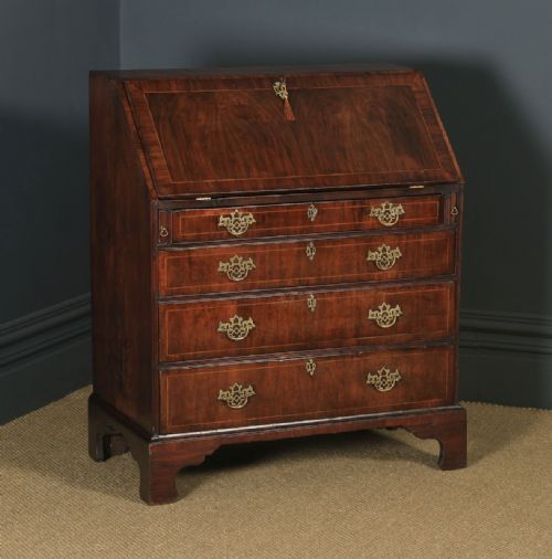 fig 1. Antique English 18th Century Georgian Figured Walnut Inlaid Bureau Writing Desk (Circa 1750)
