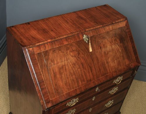 fig 2. Antique English 18th Century Georgian Figured Walnut Inlaid Bureau Writing Desk (Circa 1750)