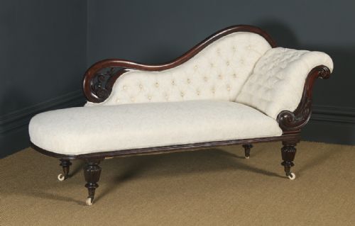 Antique English Victorian Mahogany Upholstered Chaise Longue Settee Sofa Couch (Circa 1860)