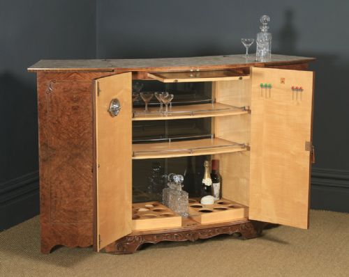 Antique English Art Deco Burr Walnut Folding Cocktail Bar Drinks Bow Front Cabinet (Circa 1930)