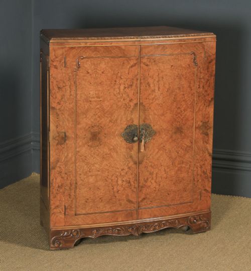 fig 1. Antique English Art Deco Burr Walnut Folding Cocktail Bar Drinks Bow Front Cabinet (Circa 1930)