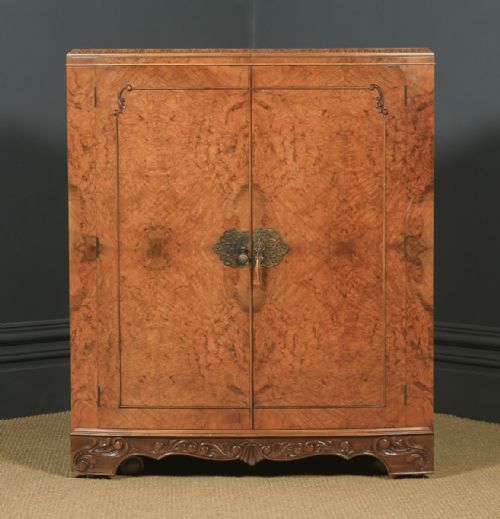 fig 2. Antique English Art Deco Burr Walnut Folding Cocktail Bar Drinks Bow Front Cabinet (Circa 1930)