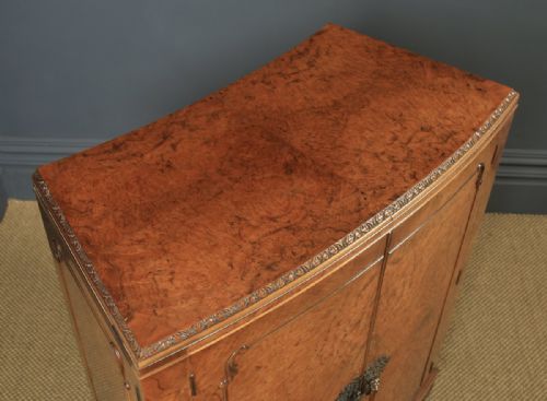 fig 3. Antique English Art Deco Burr Walnut Folding Cocktail Bar Drinks Bow Front Cabinet (Circa 1930)