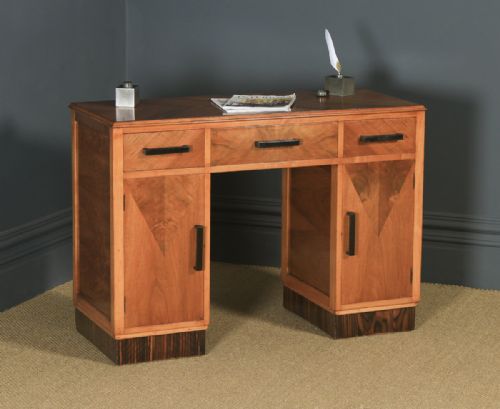 Antique English Art Deco Ruhlmann Style Figured Walnut & Macassar Ebony Office Pedestal Desk (Circa 1940)