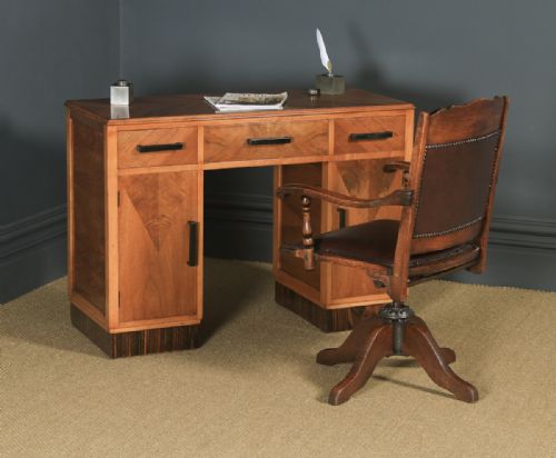 fig 1. Antique English Art Deco Ruhlmann Style Figured Walnut & Macassar Ebony Office Pedestal Desk (Circa 1940)