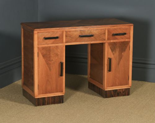 fig 2. Antique English Art Deco Ruhlmann Style Figured Walnut & Macassar Ebony Office Pedestal Desk (Circa 1940)