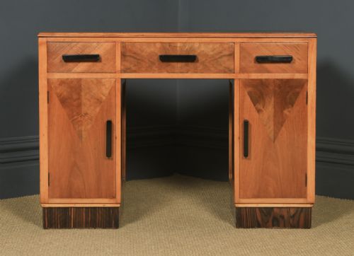 fig 3. Antique English Art Deco Ruhlmann Style Figured Walnut & Macassar Ebony Office Pedestal Desk (Circa 1940)