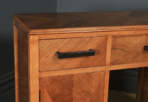 fig 8. Antique English Art Deco Ruhlmann Style Figured Walnut & Macassar Ebony Office Pedestal Desk (Circa 1940)