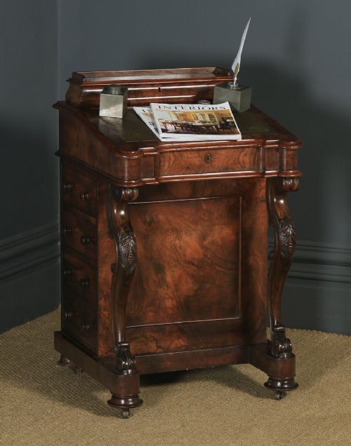 Antique English Victorian Burr Walnut Mahogany Davenport Writing Desk (Circa 1860)